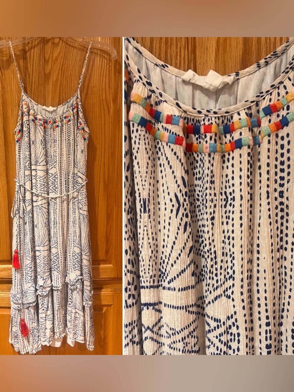 Anthropologie THML Tassel Tie Tiered Embroidered Neck Printed Midi Dress Size XS